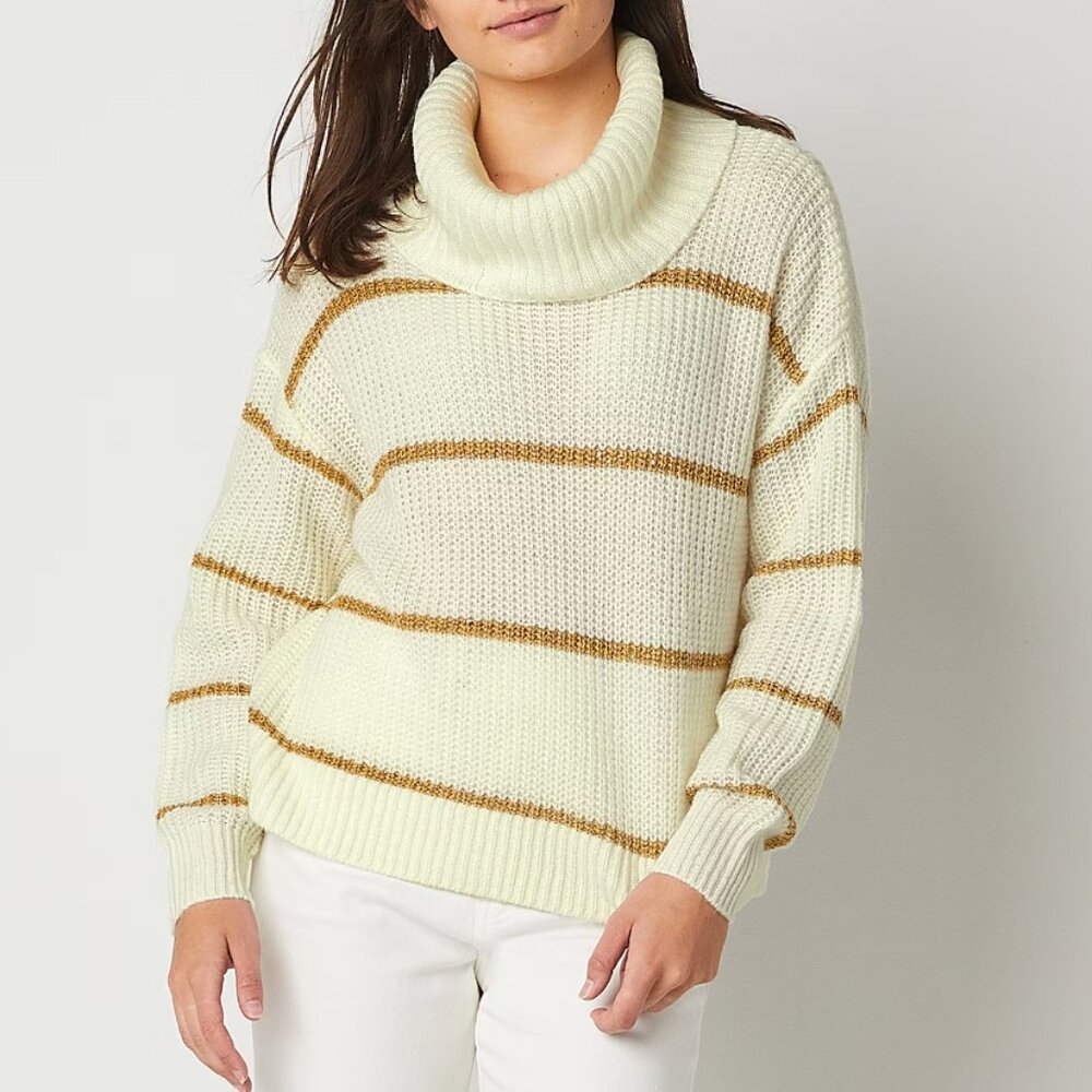 by&by Juniors Womens Cowl Neck Long Sleeve Striped Pullover Sweater, Ivory
